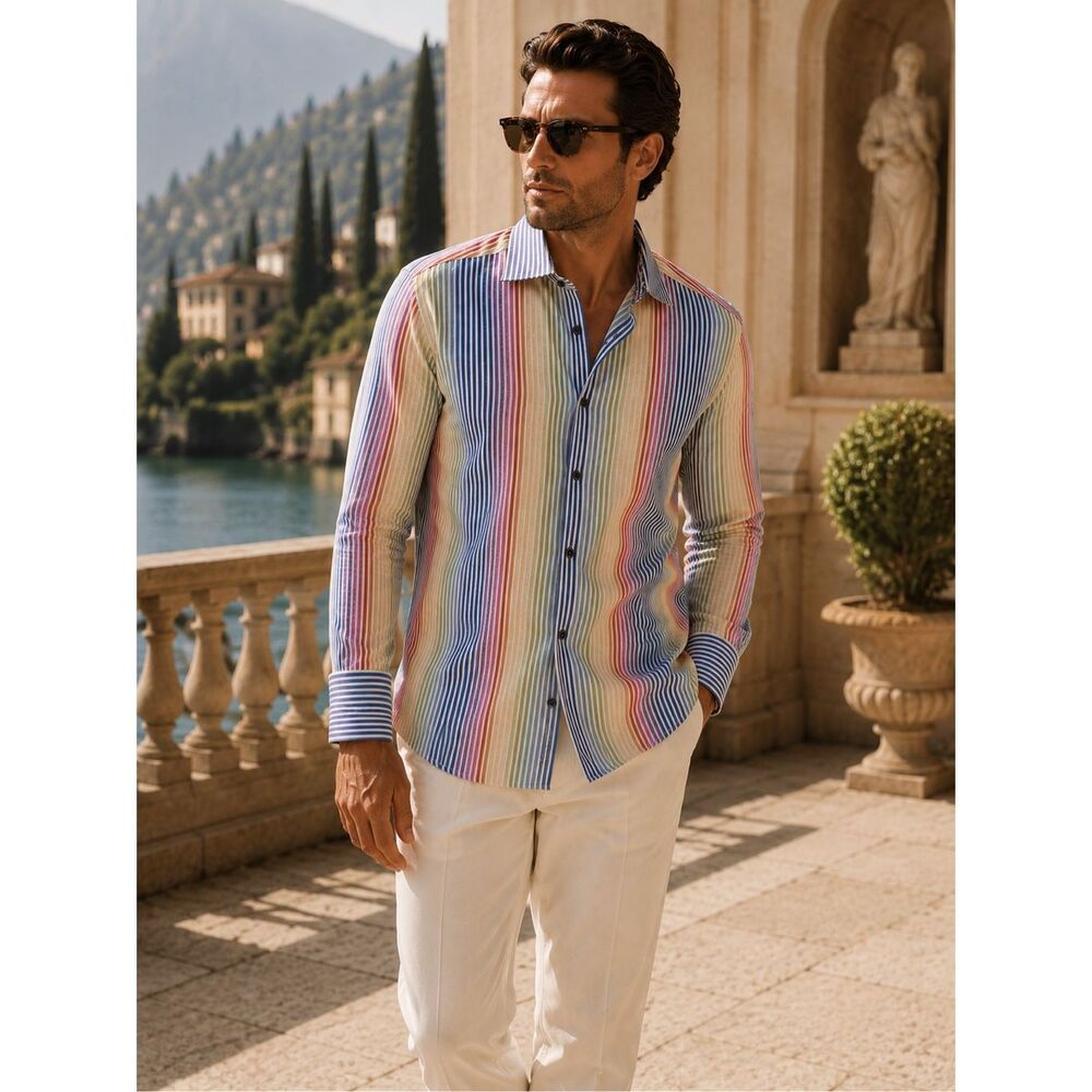 Robert Graham Limited Edition Rainbow Stripe Italian Flip Cuff Button Front Shir